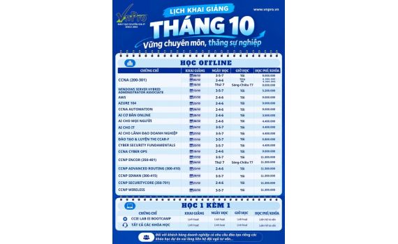 Lịch Khai Giảng Tháng 10/2026 VnPro: Lộ Trình Đào Tạo IT, CCNA, CCNP & AI