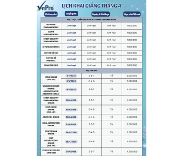LỊCH KHAI GIẢNG THÁNG 4/2026