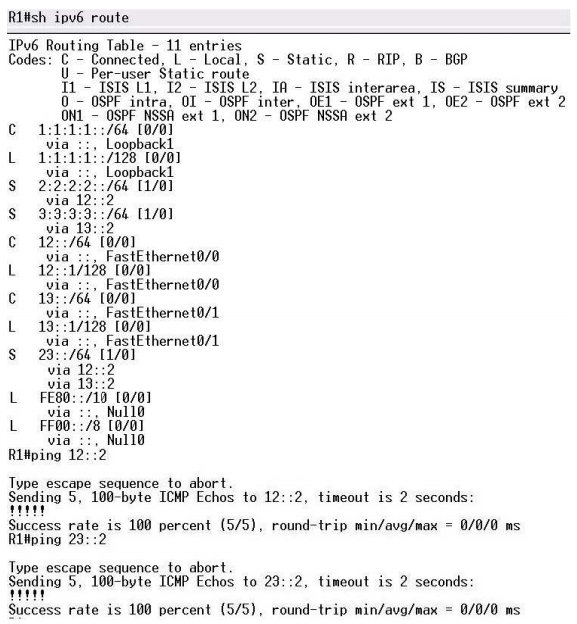 Hinh 6. 5 Show ipv6 route va ping tren R1 su dung giao thuc static route